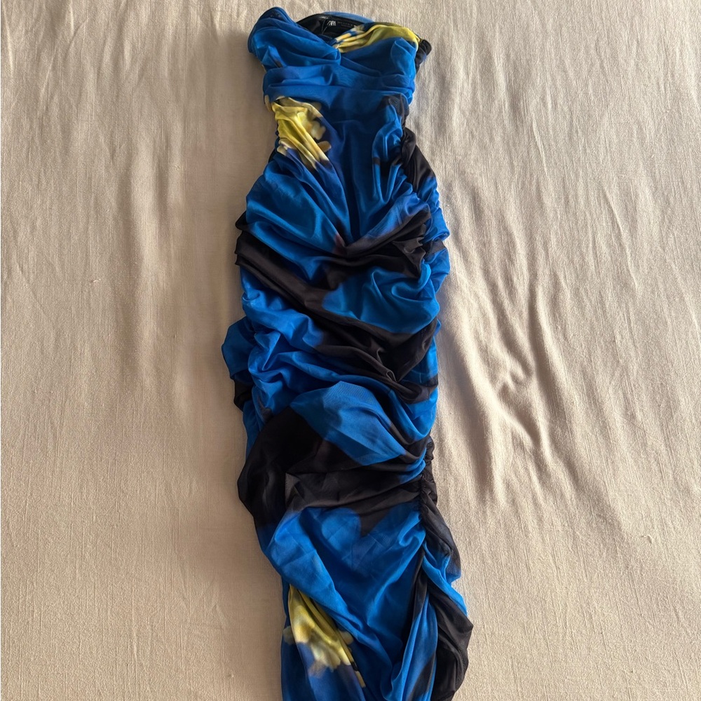Zara Blue and Yellow Ruched Dress